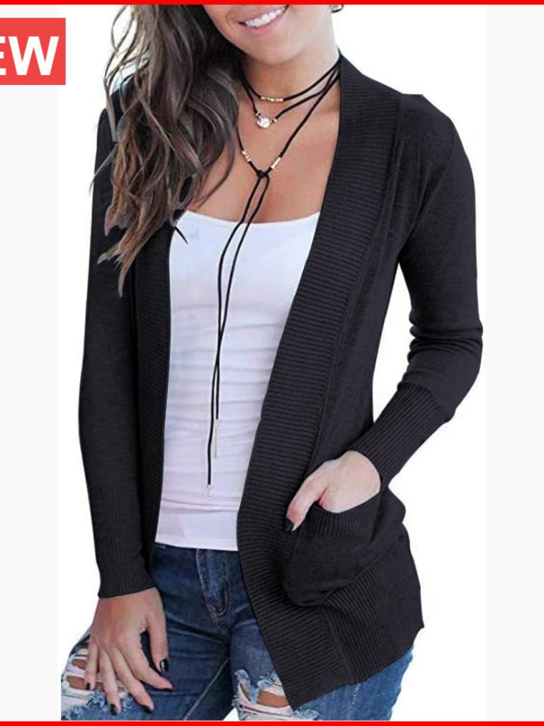 Long Sleeve Open Front Cardigan With Pockets, 80% Viscose 20% Nylon